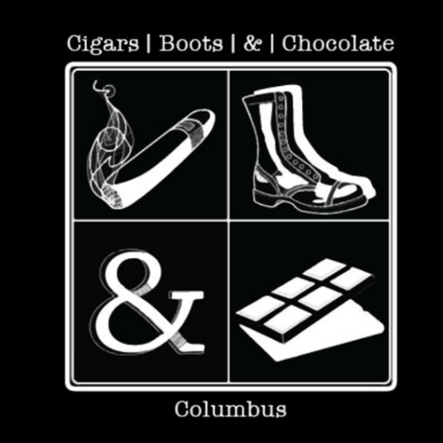 Black and white picture of a cigar, a boot, the and symbol, and chocolate.