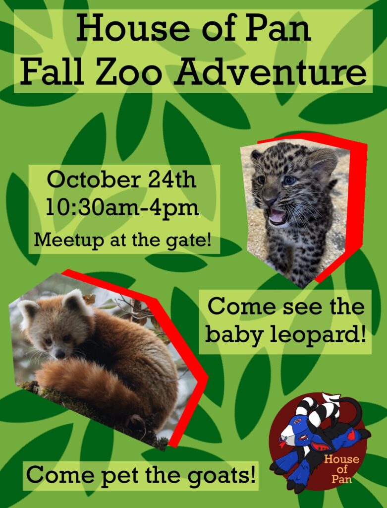 Flyer detailing out times and locations for a zoo meetup. An in person gathering at the Cleveland Metroparks Zoo on October 24th at 10:30AM